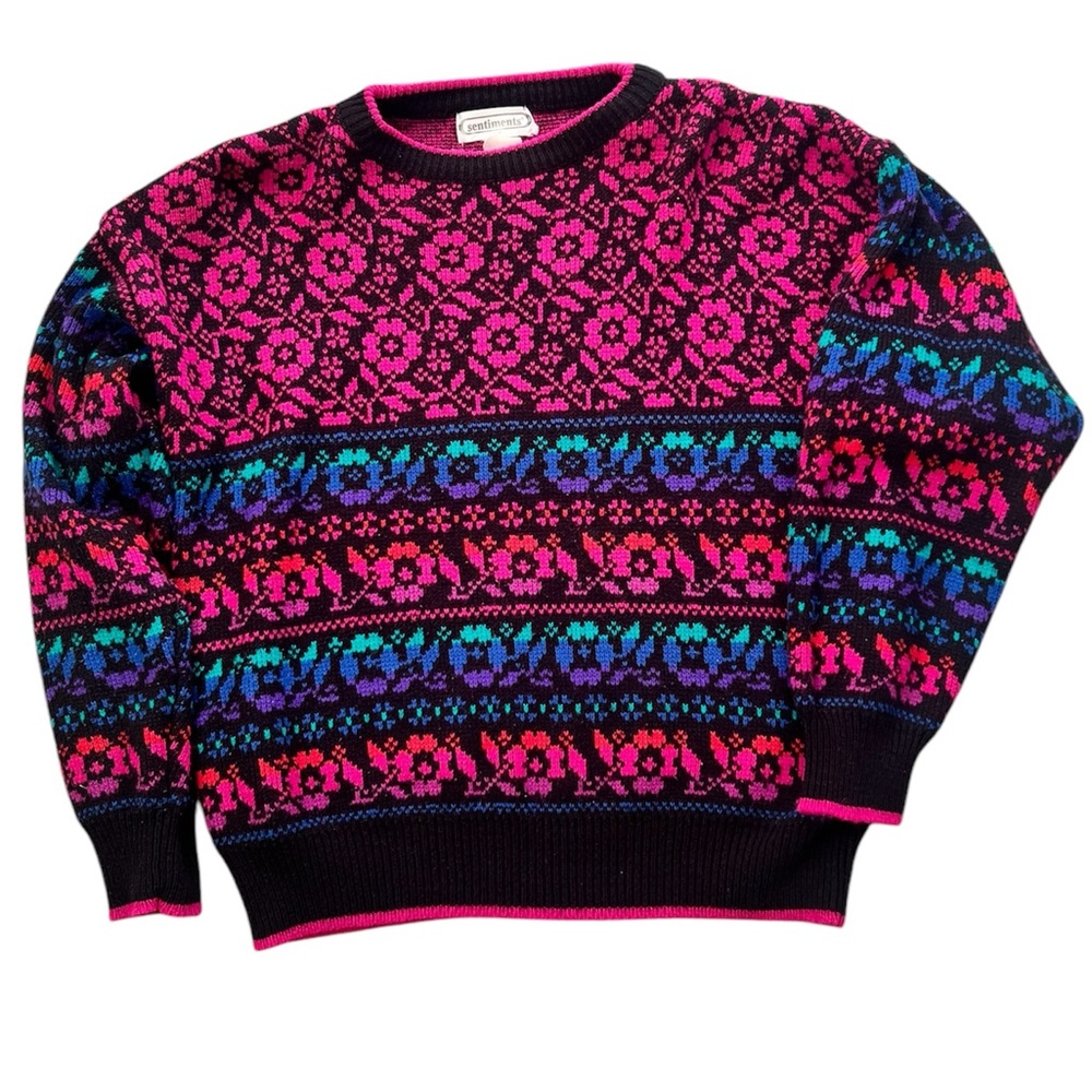 Sentiments Vintage Funky Floral Pattern Long Sleeve Crew Neck Sweater